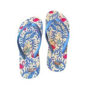 Vineyard Vines Blue Pink Flamingo Pineapple Flip Flop Pool Sandals Girls Size 13